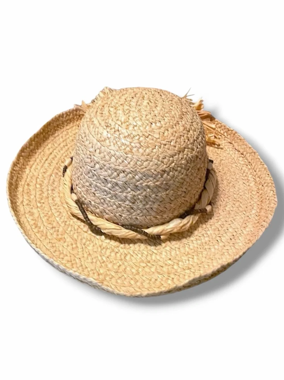 SCALA Woven Natural Fiber Straw Sun Hat Beaded Raffia Bow Resort Vacation Boho